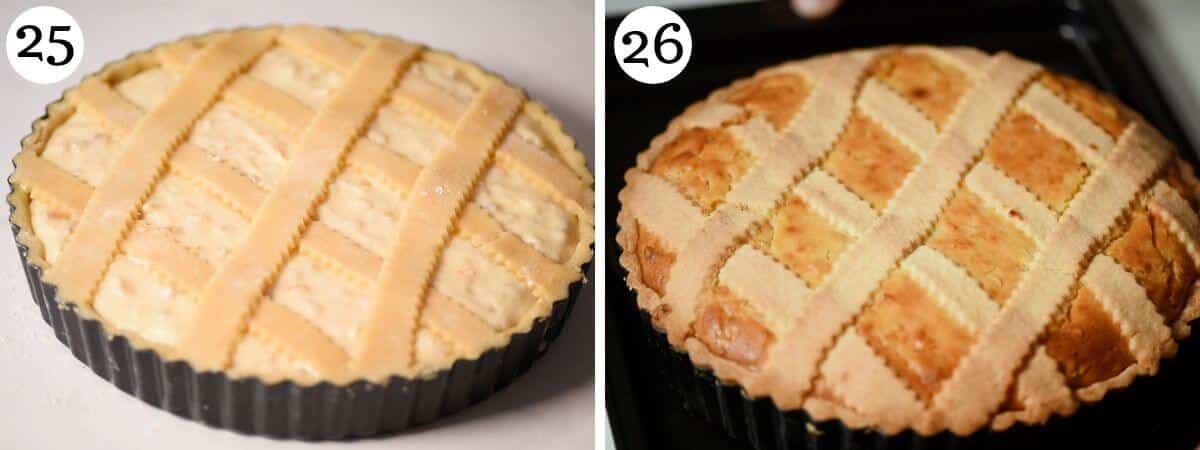 Two photos in a collage showing how Italian Pastiera Napoletana before and after baking.