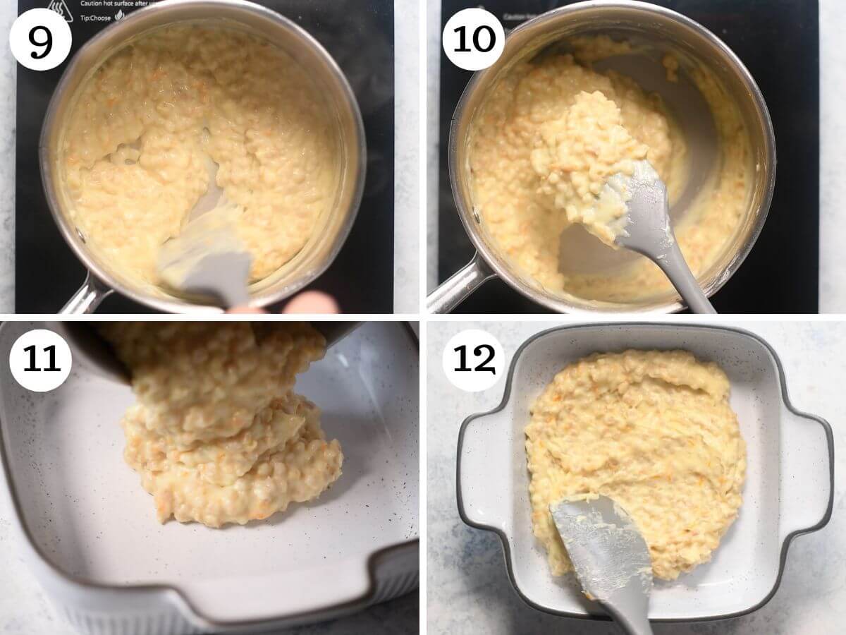 Four photos in a collage showing how to make the cooked wheat berry mixture for an Italian Pastiera Napoletana.