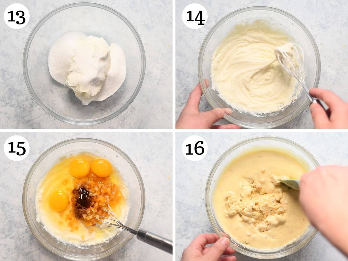 Four photos in a collage showing how to make the creamy ricotta filling for Pastiera Napoletana.