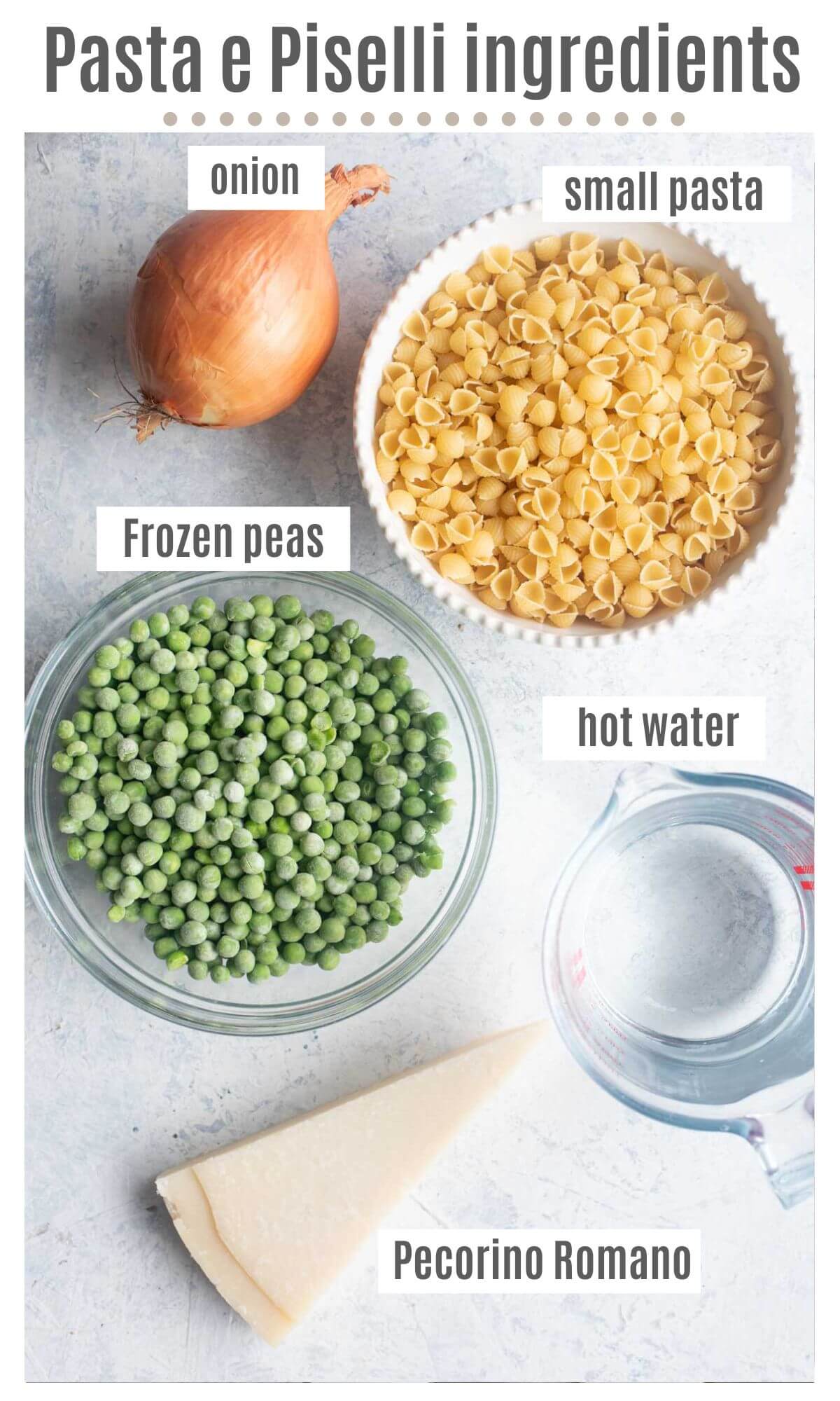 An overhead shot of all the ingredients needed to make Pasta e Piselli (peas).