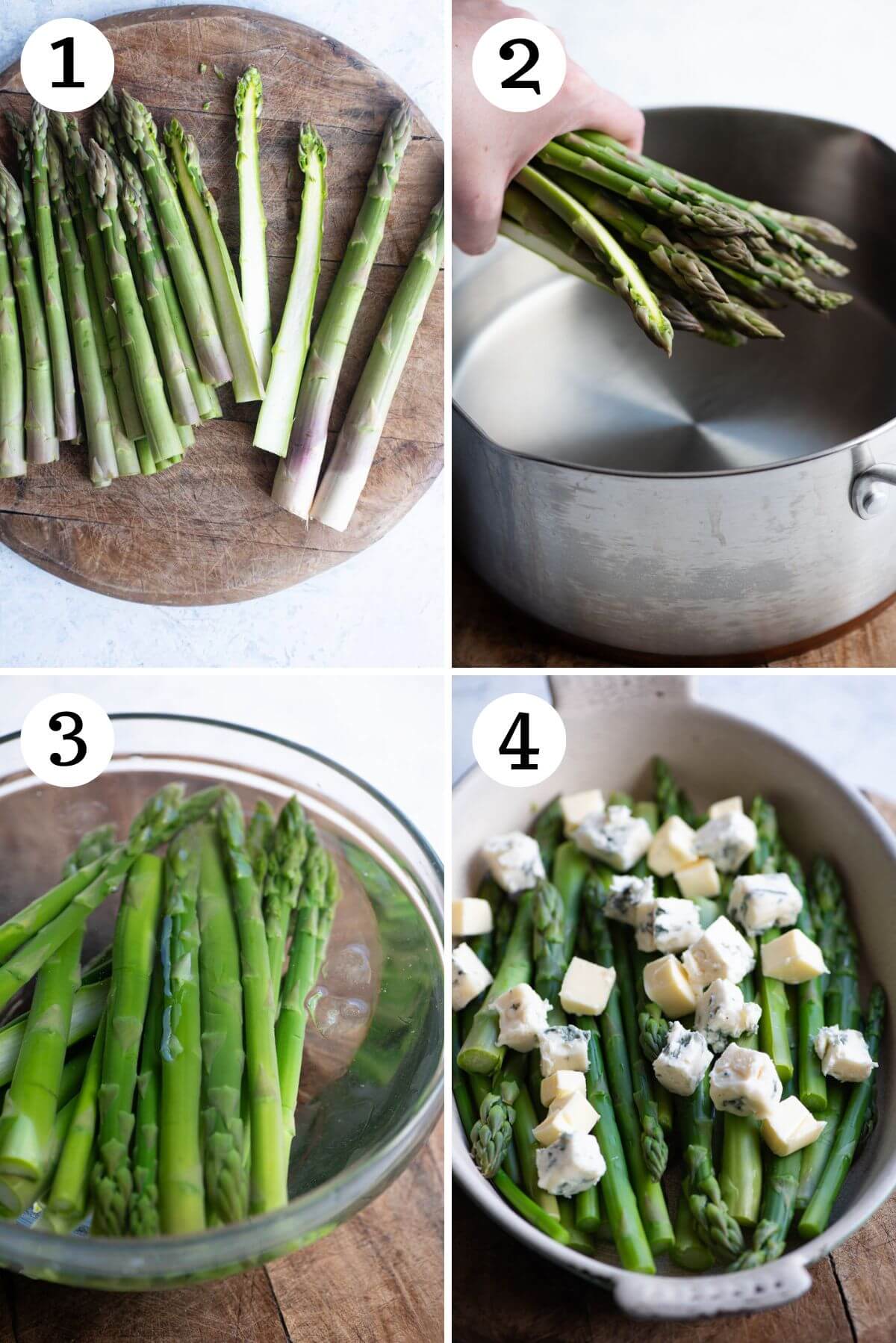 Four photos in a collage showing how to prepare and roast asparagus with Gorgonzola cheese.