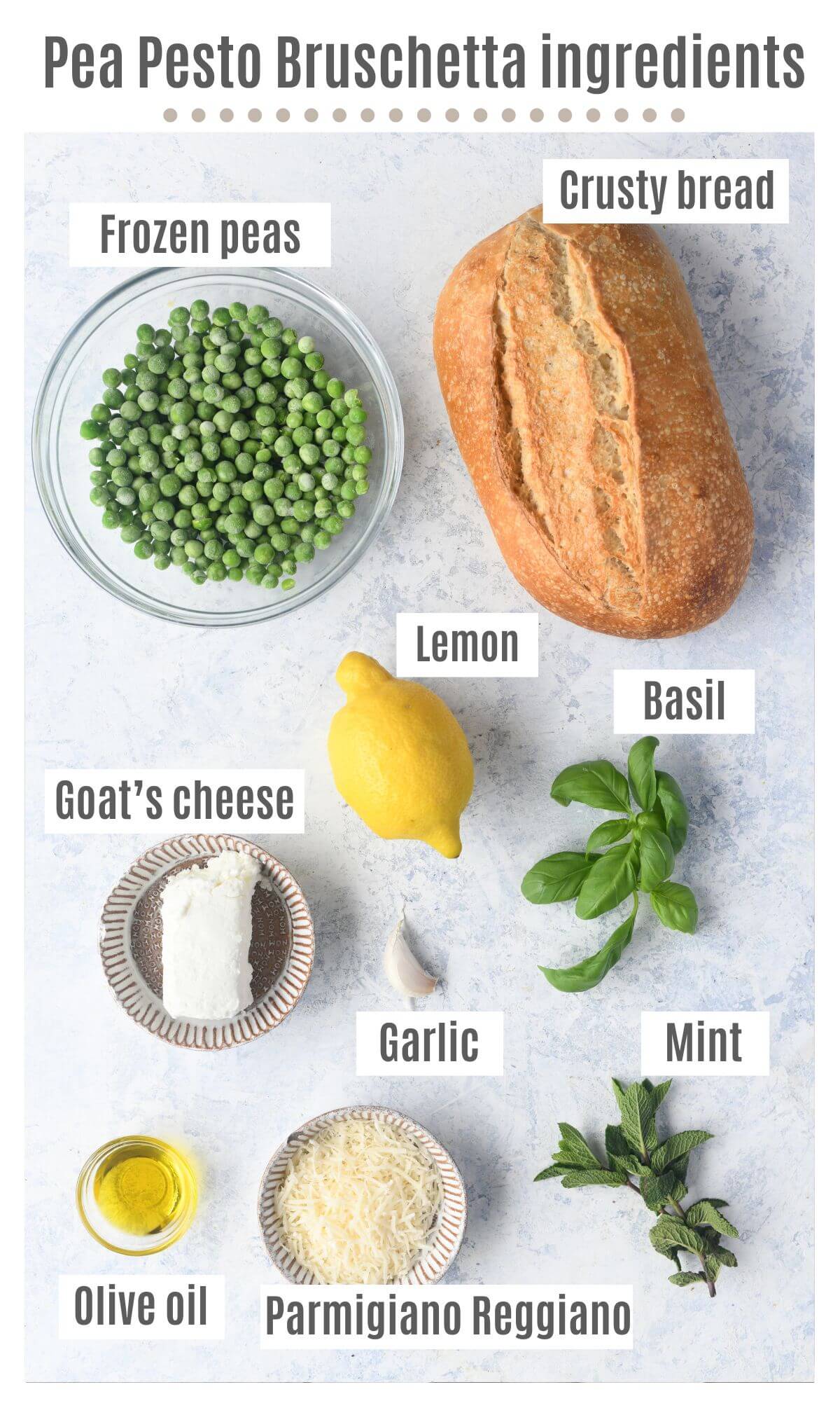 An overhead shot of all the ingredients needed to make bruschetta with pea pesto and goats cheese.