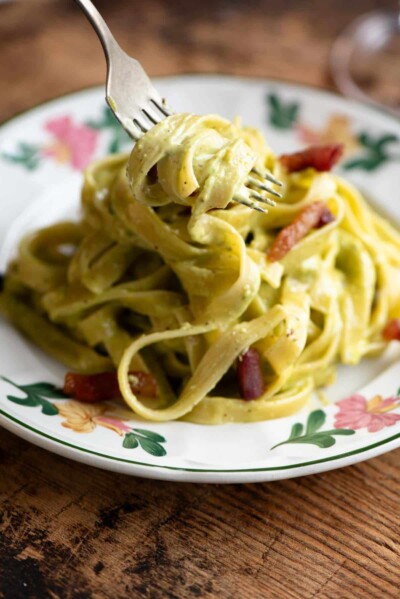 Image showcasing Creamy Pistachio Pasta with Crispy Guanciale - Inside The Rustic Kitchen