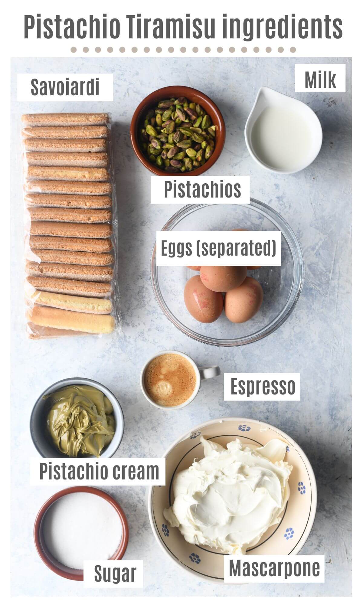 An overhead shot of all the ingredients needed to make Pistachio Tiramisu.