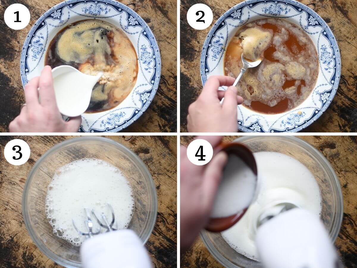 Four photos in a collage showing how to prepare a coffee mixture and whip egg whites for Tiramisu.