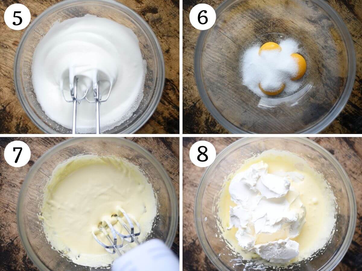 Four photos in a collage showing how to whip egg whites and egg yolks separately.