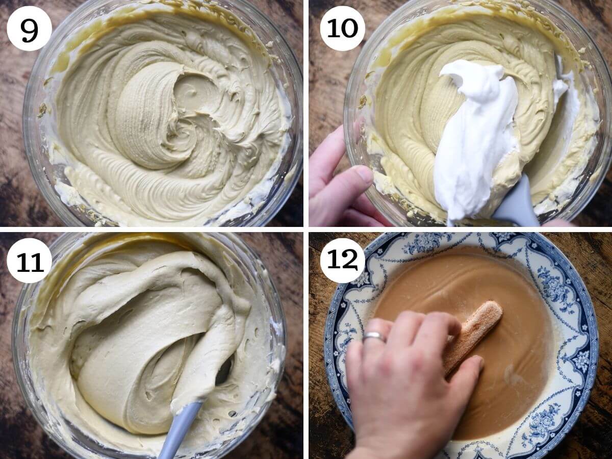 Four photos in a collage showing how to make a pistachio cream filling for Pistachio Tiramisu.