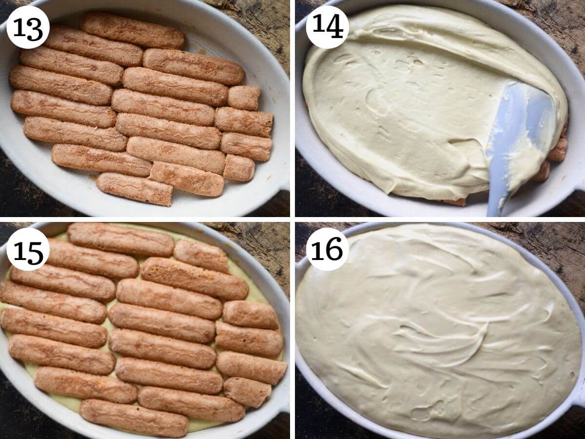 Four photos in a collage showing how to assemble Pistachio Tiramisu.