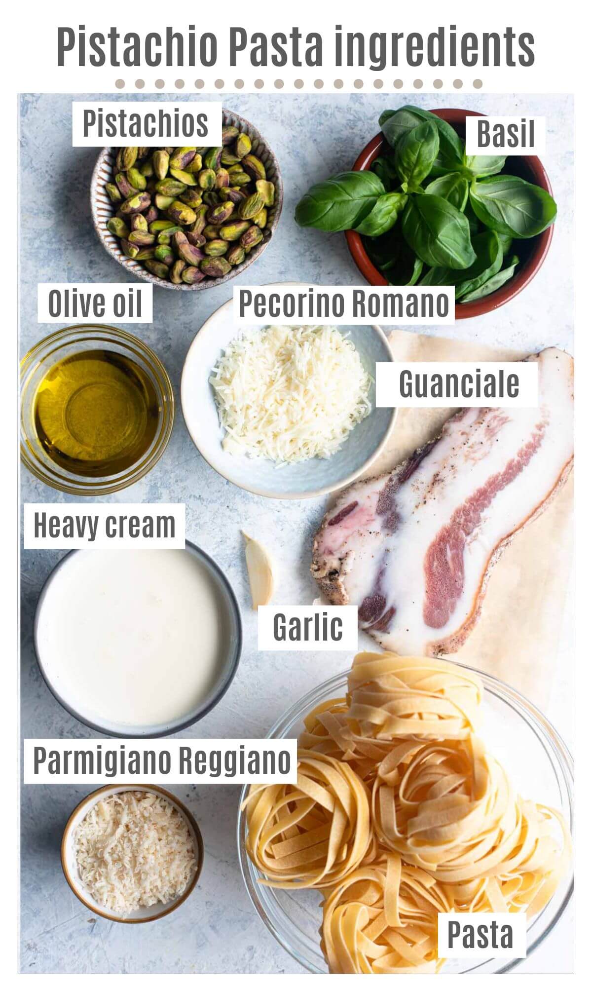 An overhead shot of all the ingredients you need to make a creamy pistachio pasta with guanciale.