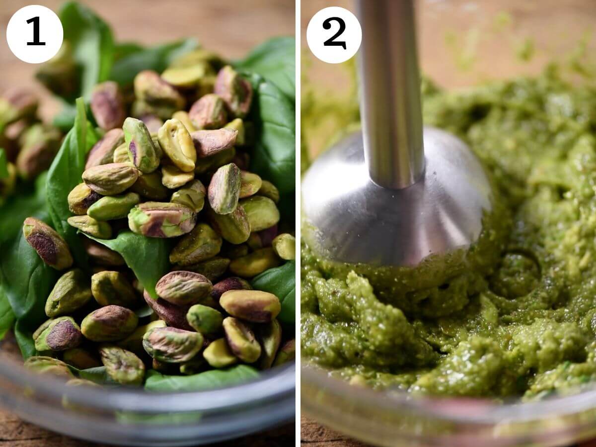 Two photos in a collage showing how to blitz pistachio pesto in a bowl with an immersion blender.