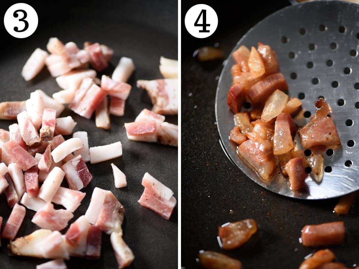 Two photos in a collage showing guanciale before and after frying.