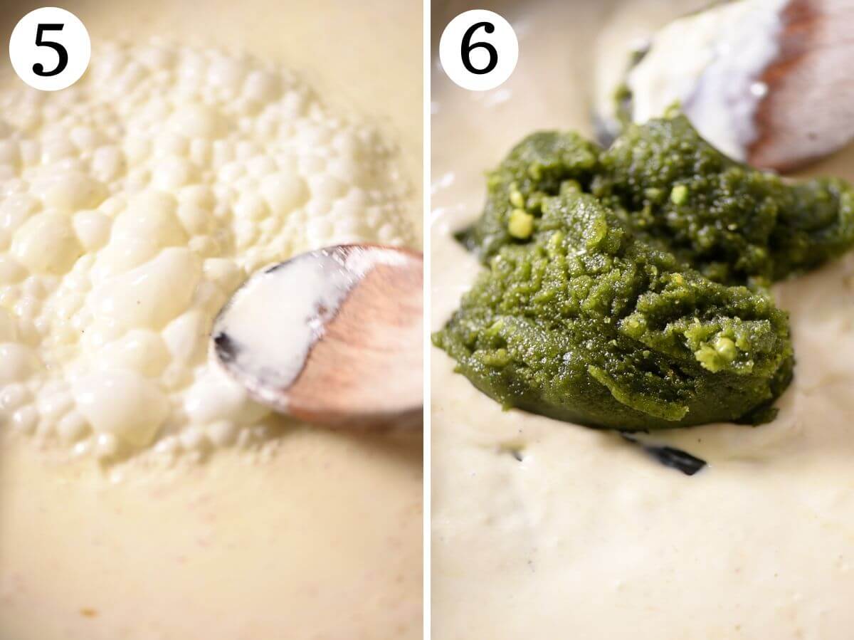 Two photos in a collage showing how to make a pistachio cream sauce.