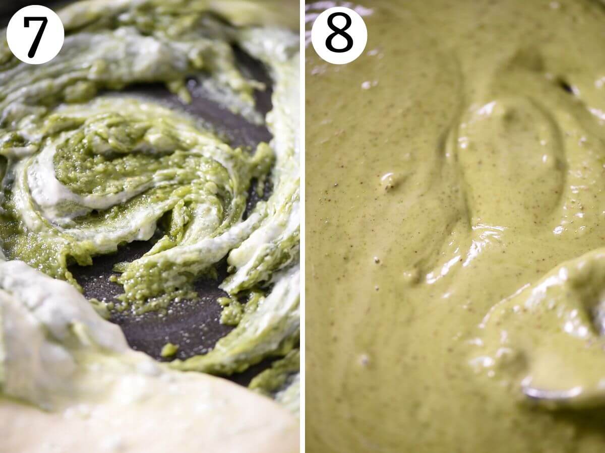 Two photos in a collage showing the consistency of the pistachio pasta sauce.