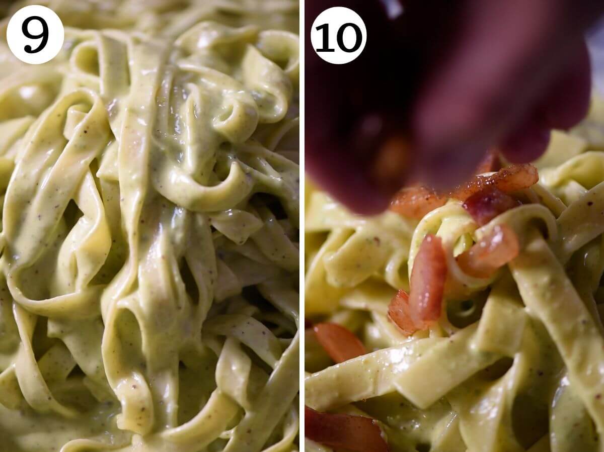 Two photos in a collage showing the pasta being adding to the sauce and topping with crispy guanciale.