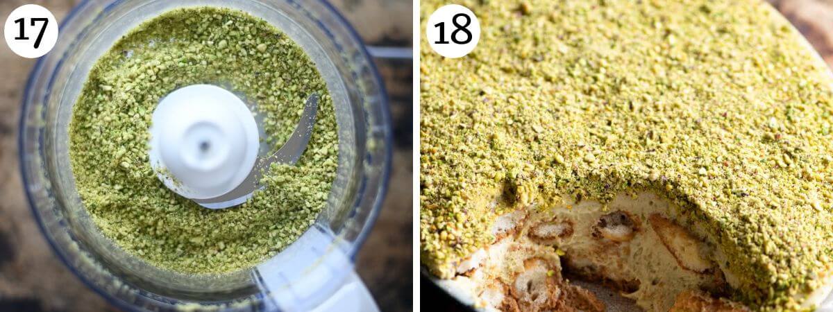 Two photos in a collage showing pistachios blitzed in a food processor.
