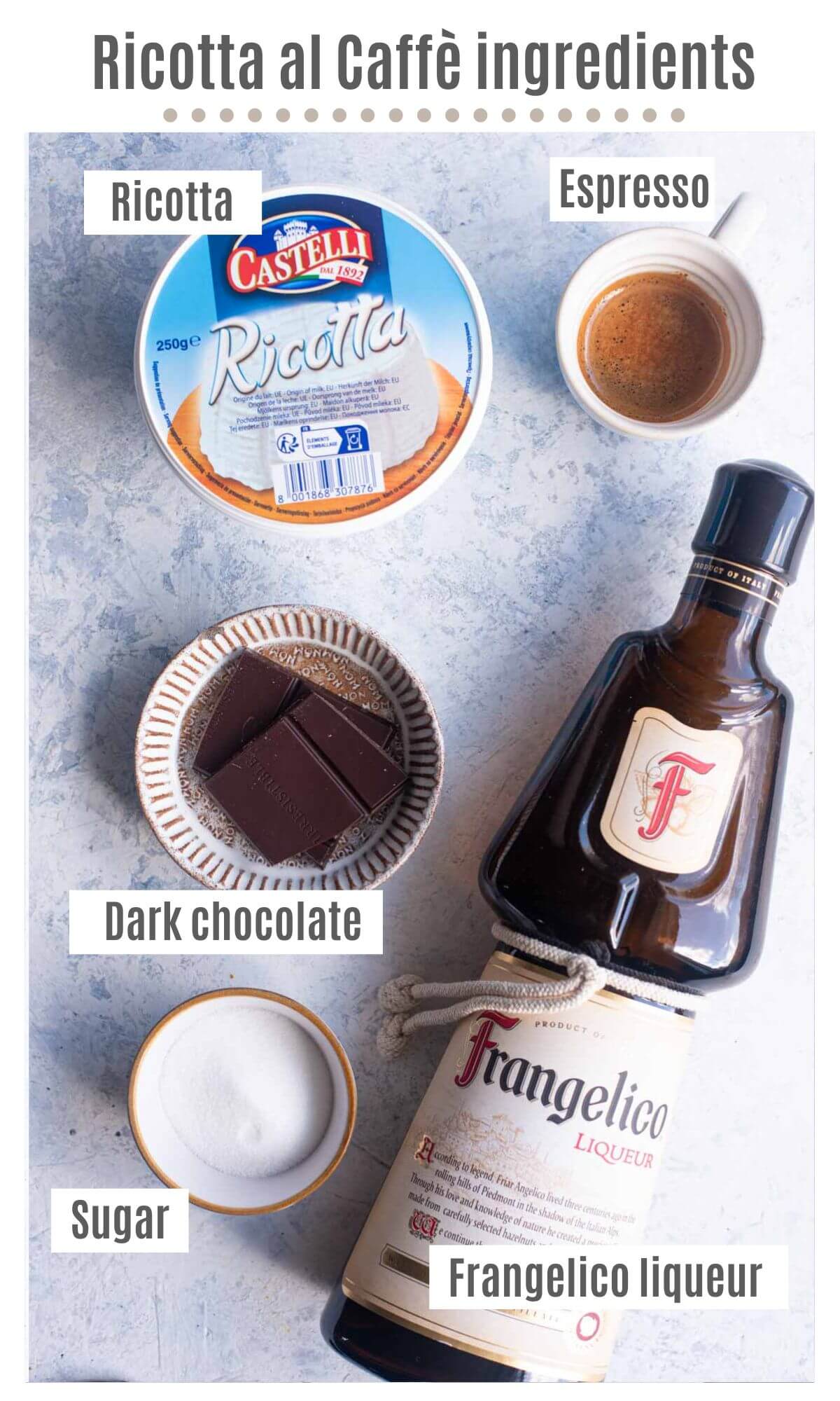 An overhead shot of all the ingredients to make ricotta al caffe.