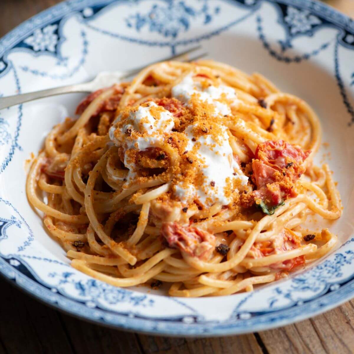 Roasted Cherry Tomato Spaghetti with Burrata and Nduja Breadcrumbs