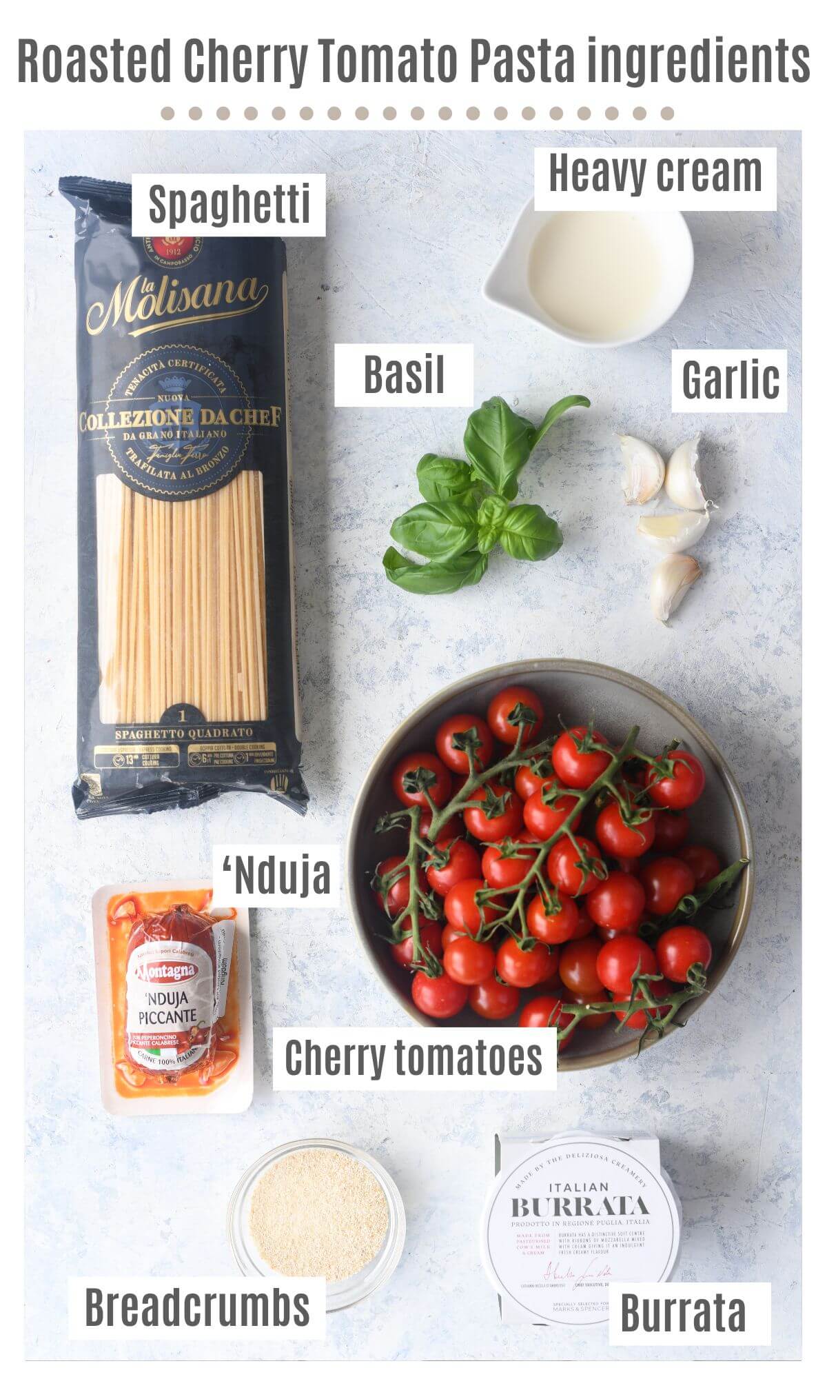 An overhead shot of all the ingredients needed to make roasted cherry tomato spaghetti with burrata and 'Nduja.