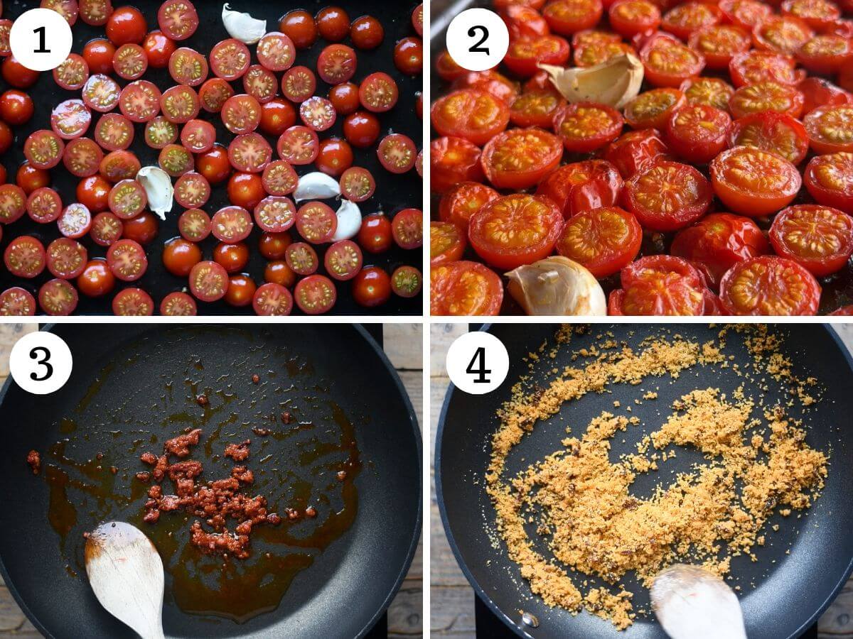 Four photos in a collage showing cherry tomatoes before and after roasted and how to make Nduja breadcrumbs.
