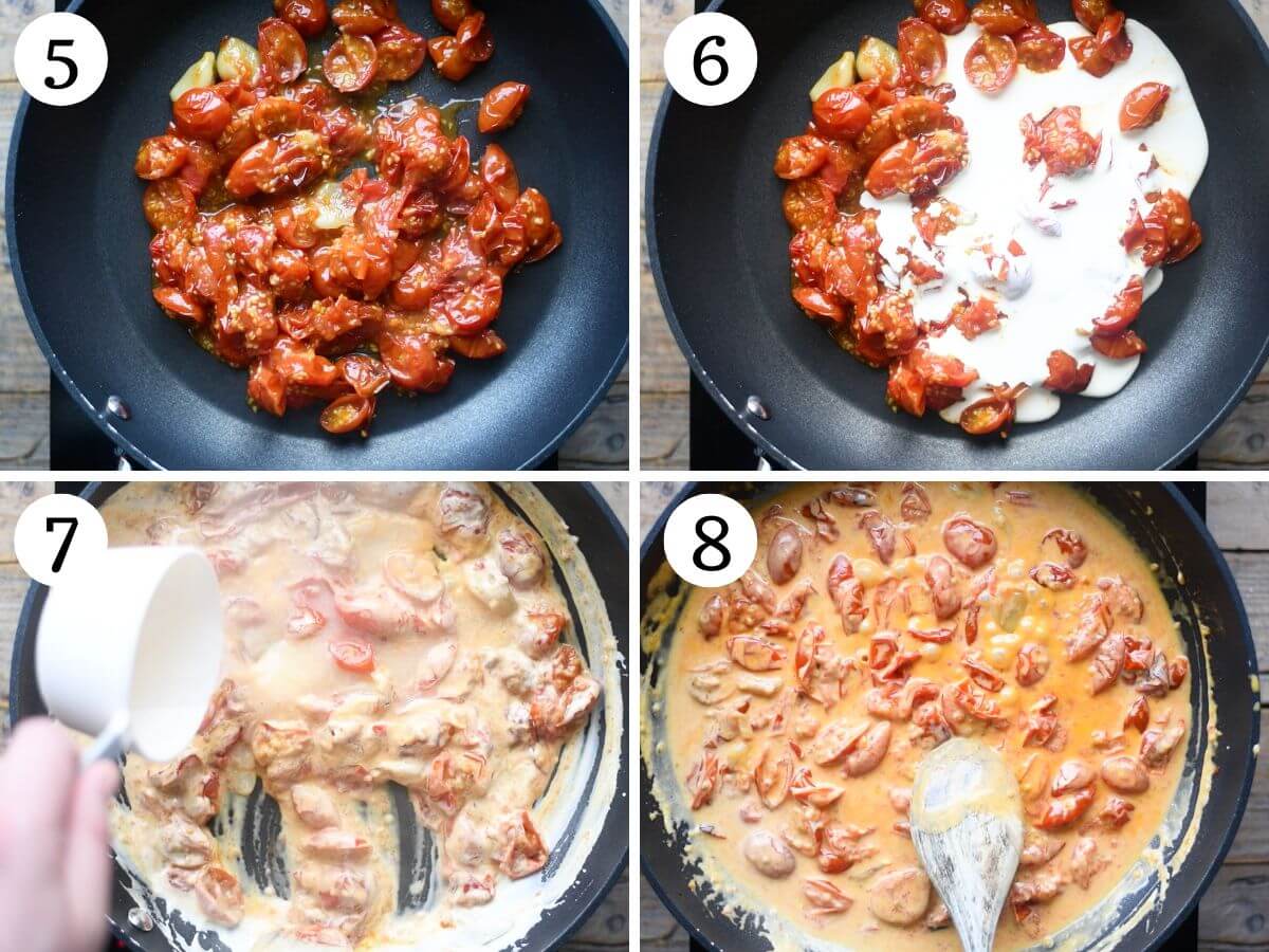 Four photos in a collage showing how to make roasted cherry tomato sauce with cream and garlic.