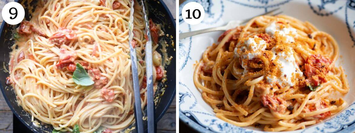 Two photos in a collage showing spaghetti being added to a roasted cherry tomato sauce and topped with burrata and breadcrumbs.