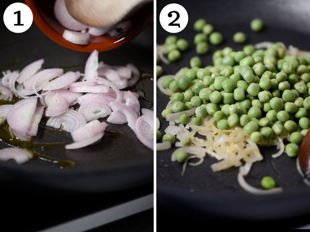 Two photos in a collage showing how to saute shallots and peas.