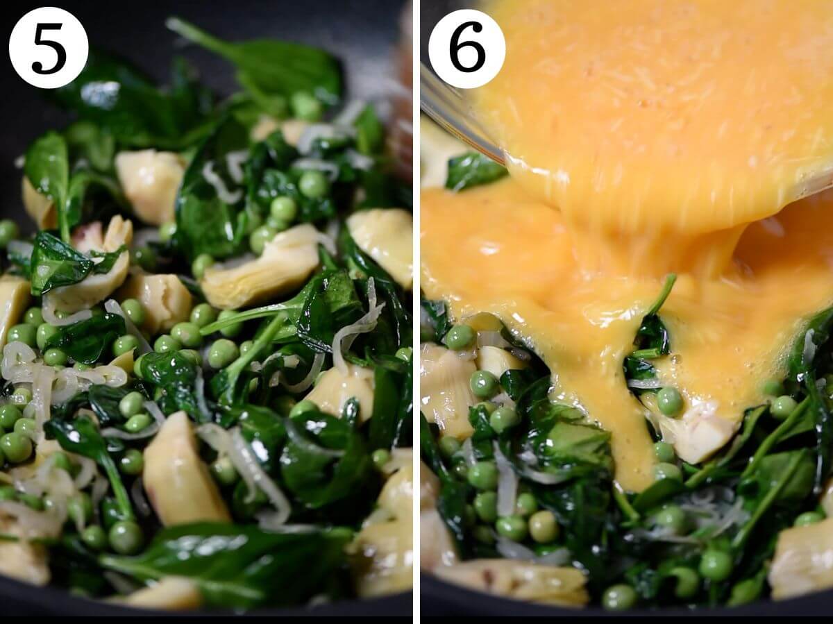 Two photos in a collage showing eggs being added to spinach and artichokes.