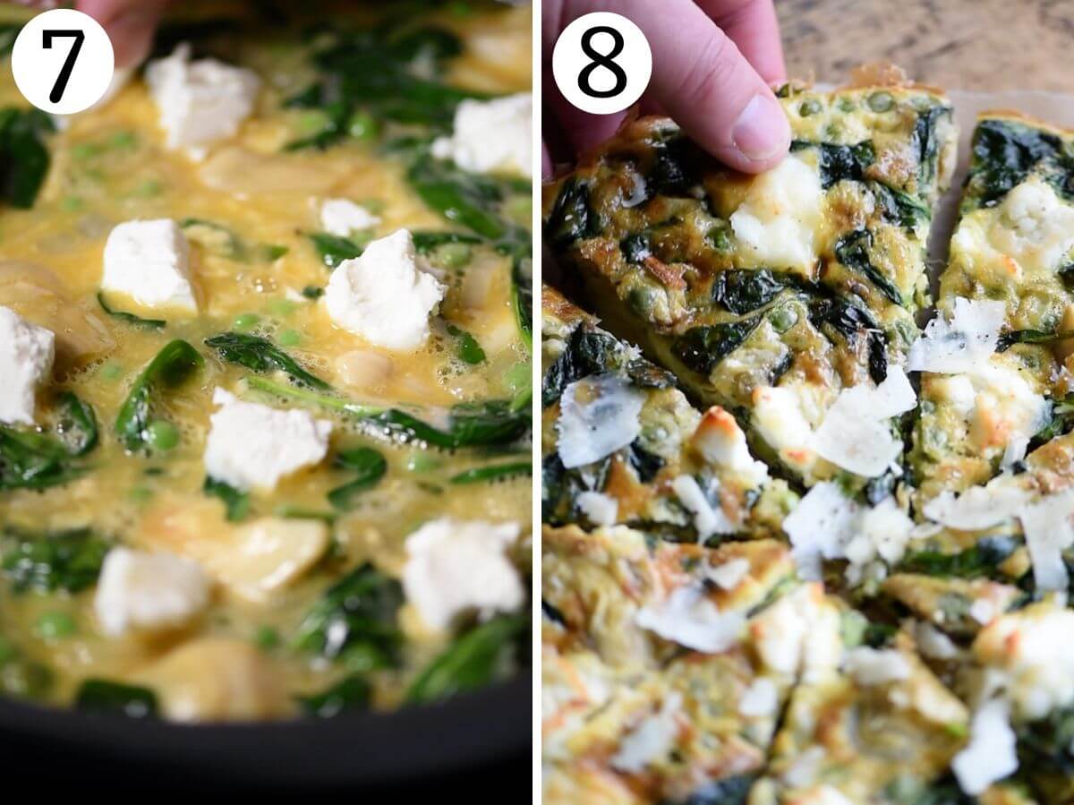 Two photos showing a spinach and artichoke frittata before and after baking.