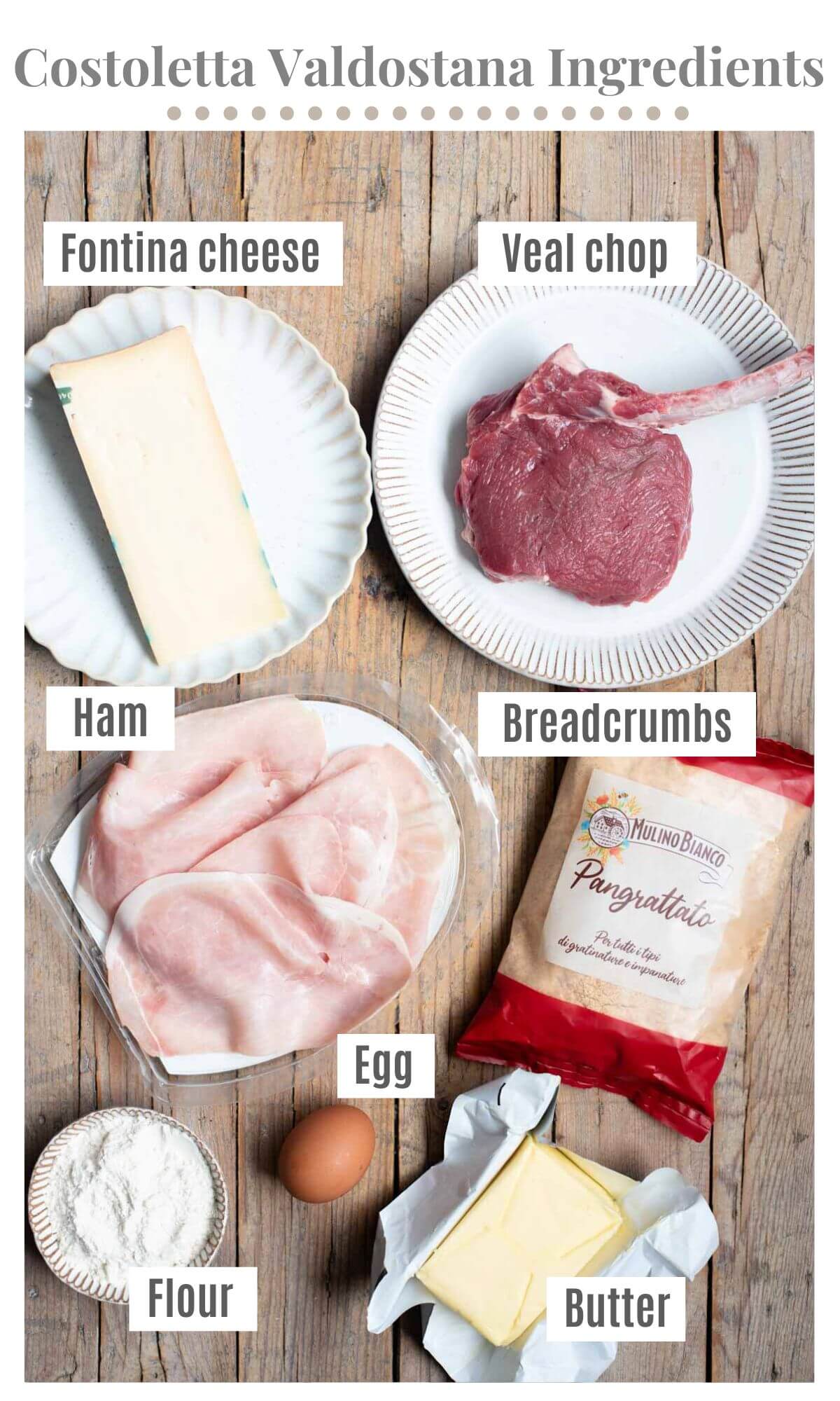An overhead shot of all the ingredients needed to make a breaded and stuffed Italian veal chop called Costoletta alla Valdostana.
