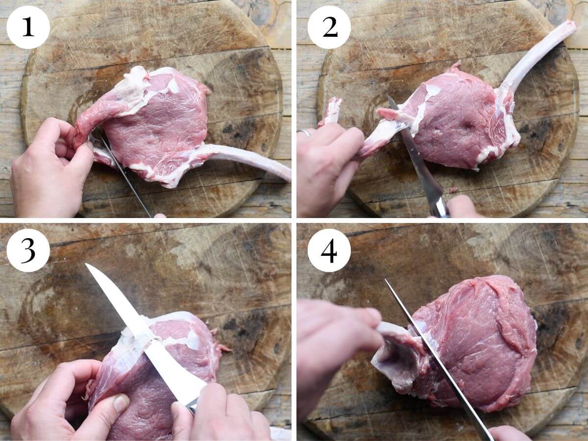 Four photos in a collage showing how to trim sliverskin from a veal chop.