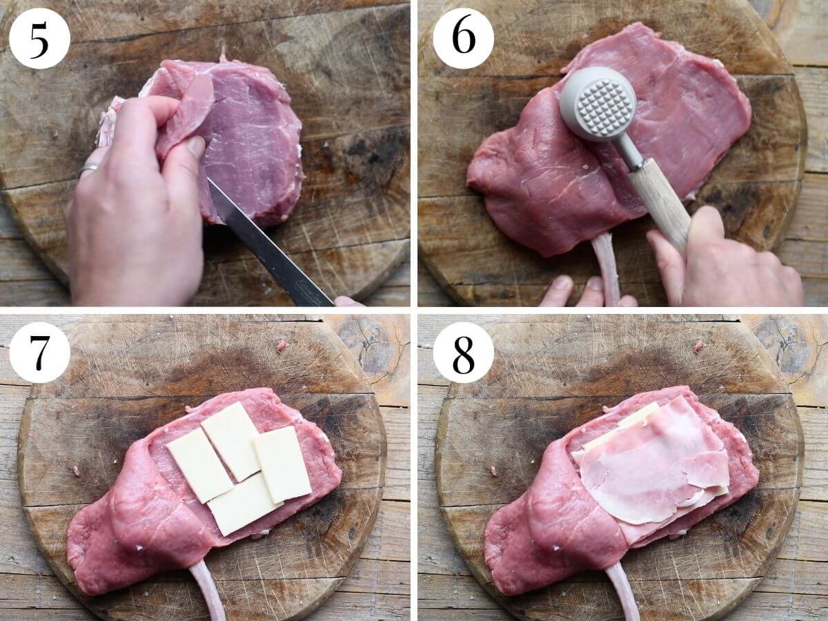 Four photos in a collage showing how to beat a veal chop with a meat mallet and stuff it with ham and cheese.