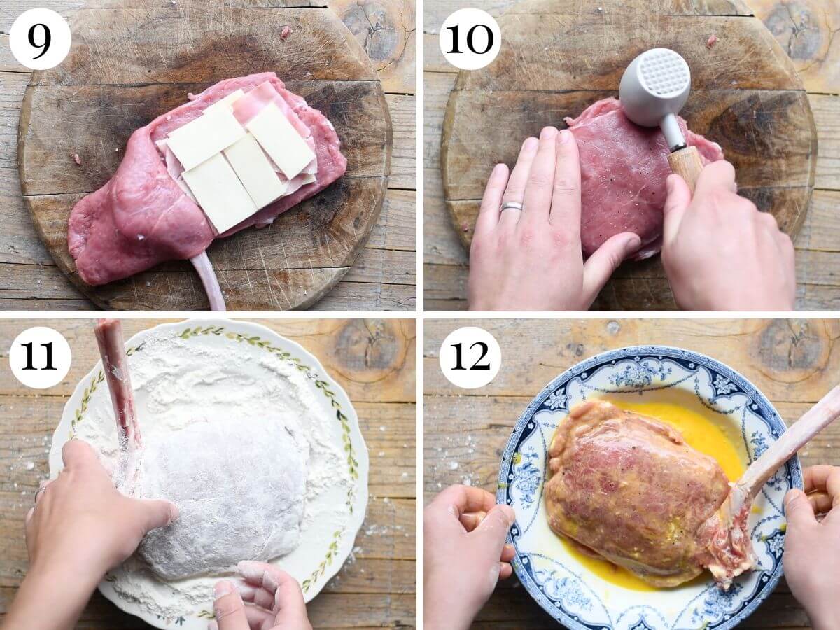 Four photos in a collage showing how to bread a stuffed veal chop.