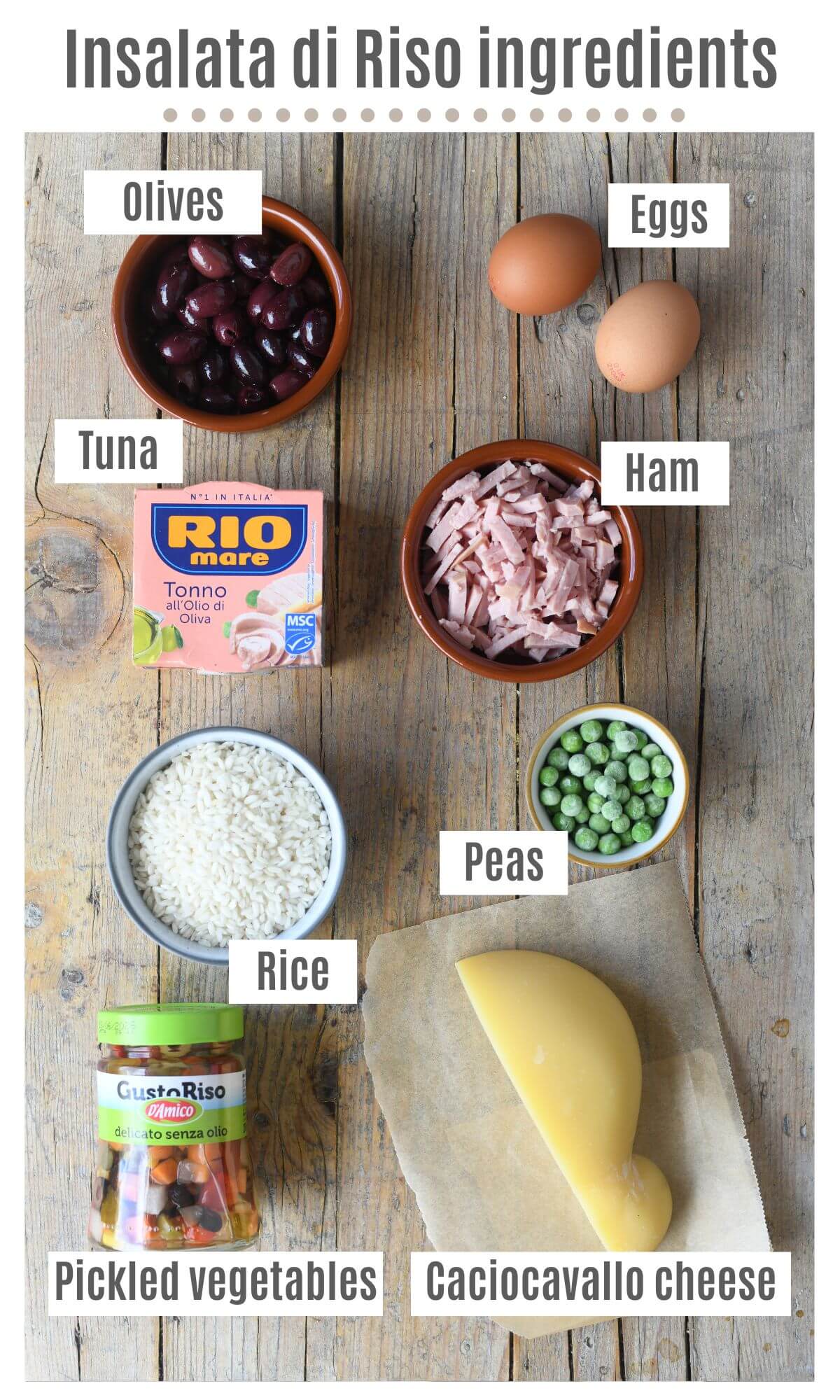 An overhead shot of all the ingredients needed to make an Italian rice salad.