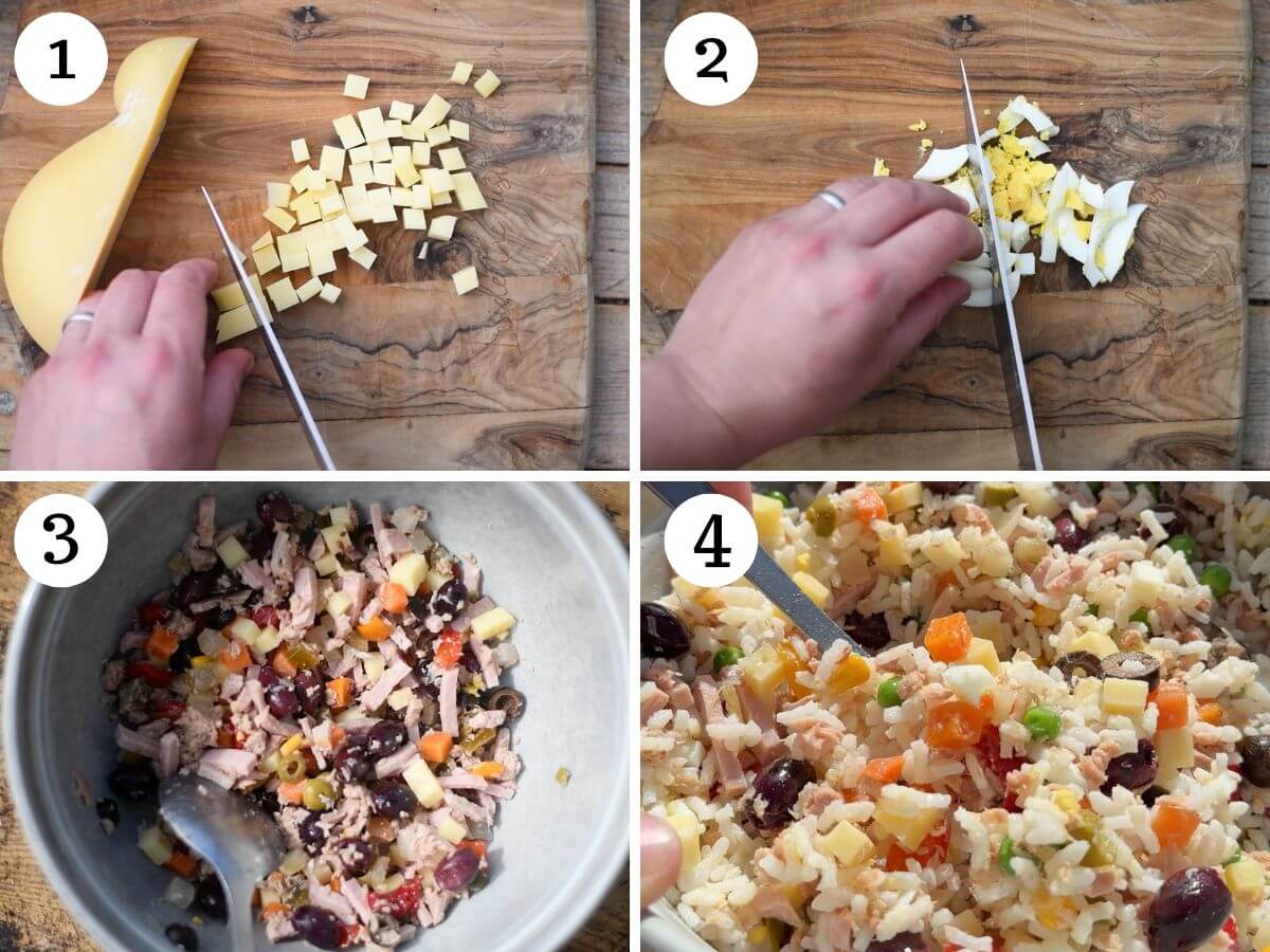 Four photos in a collage showing how to make an Italian rice salad.