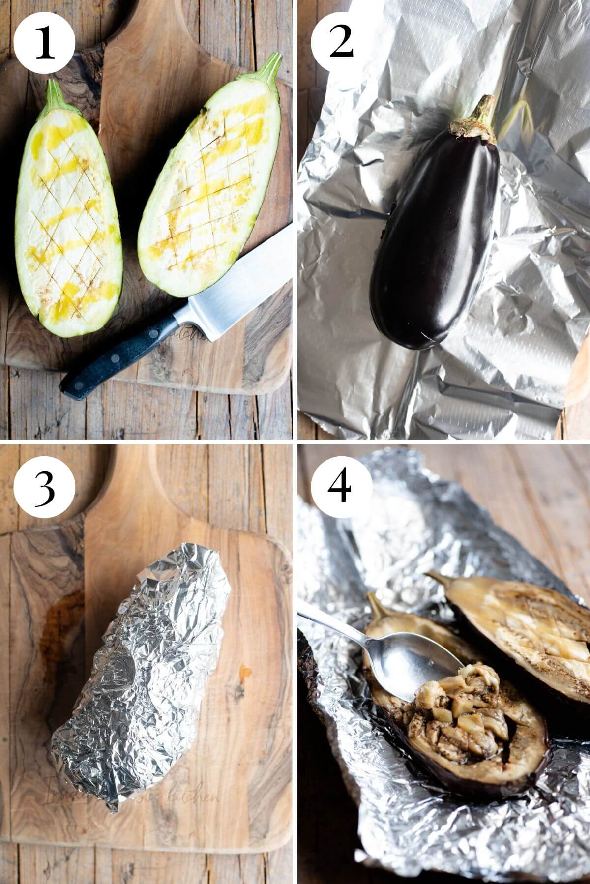 Four photos in a collage showing how to roast a whole eggplant.