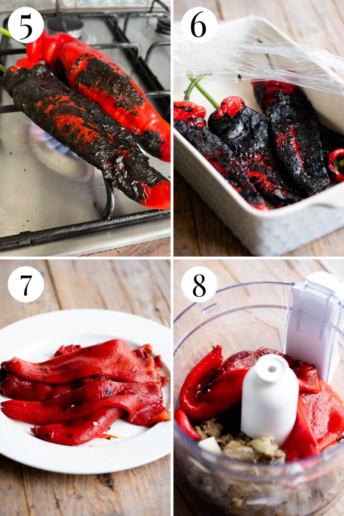 Four photos in a collage showing how to char red peppers on a gas flame and remove the skins.