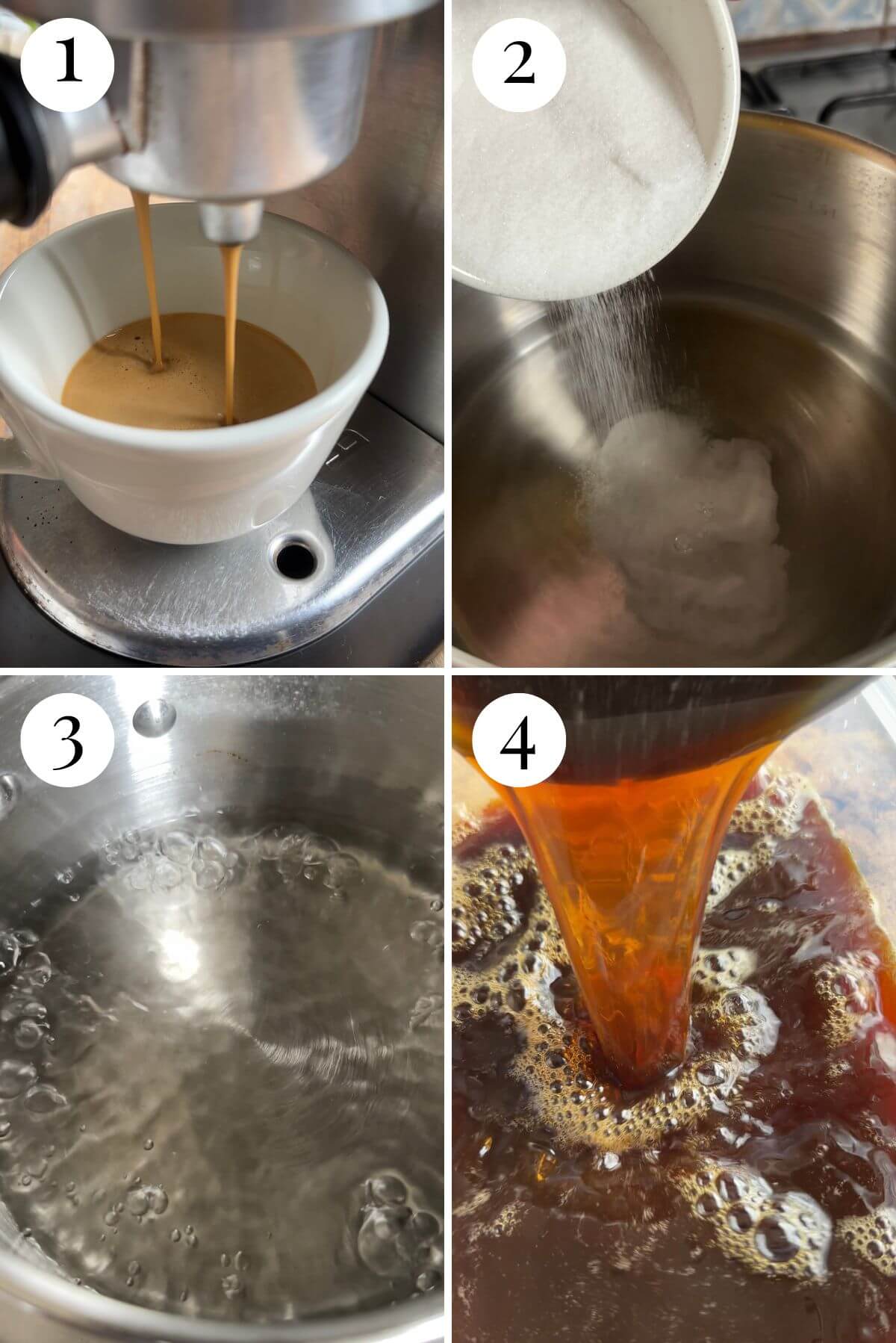 Four photos in a collage showing how to brew coffee and make sugar syrup.