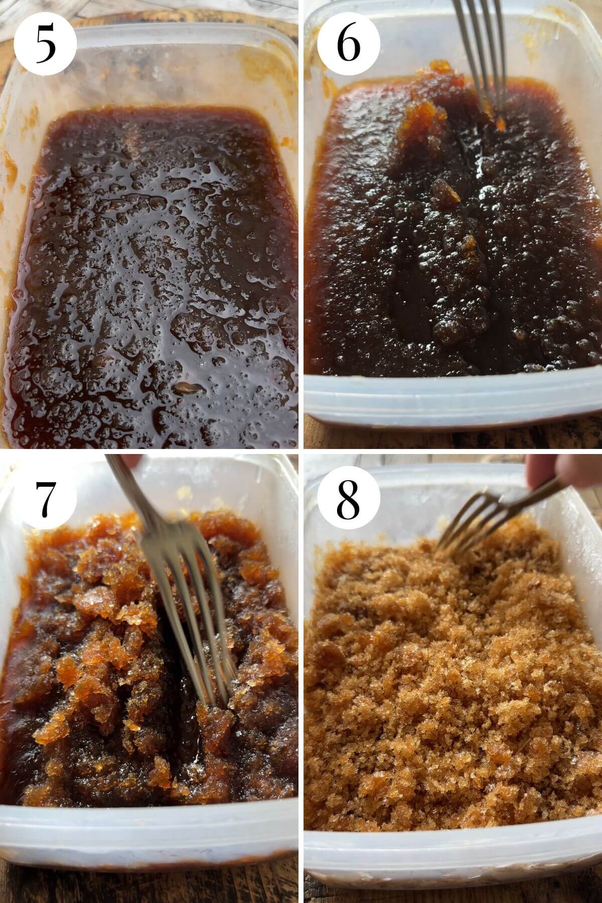 Four photos in a collage showing how to make granita in a tub.