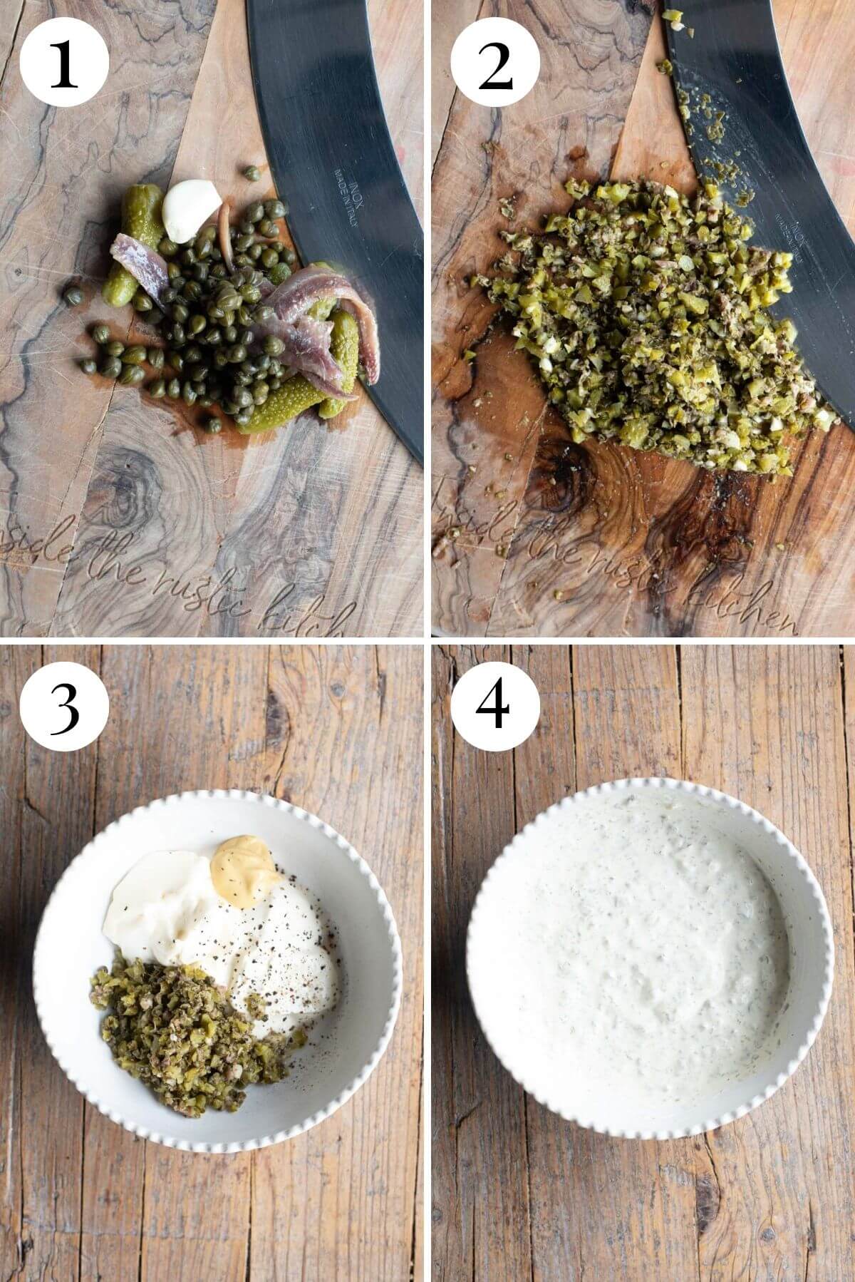 Four photos in a collage showing how to make a creamy caper dressing.