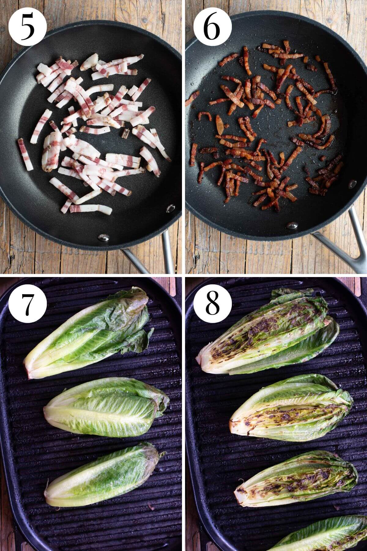 Four photos in a collage showing how to fry pancetta and grill romaine lettuce.