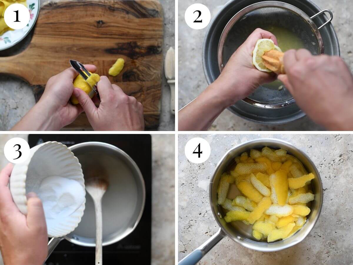 Four photos in a collage showing how to peel and juice lemons and make sugar syrup.