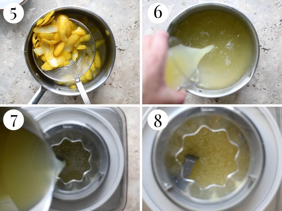 Four photos in a collage showing how to make lemon sorbet in an ice cream machine.