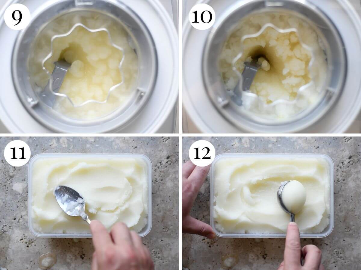 Four photos in a collage showing what the finished look and texture of homemade lemon sorbet should look like.