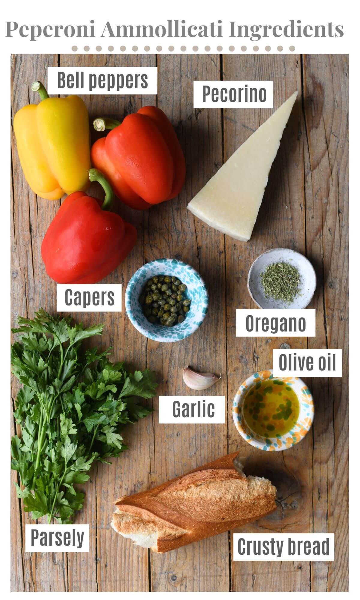 An overhead shot of all the ingredients needed to make and Italian side dish with bell peppers and breadcrumbs.