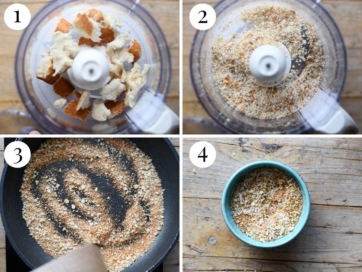 Four photos in a collage showing how to make breadcrumbs.