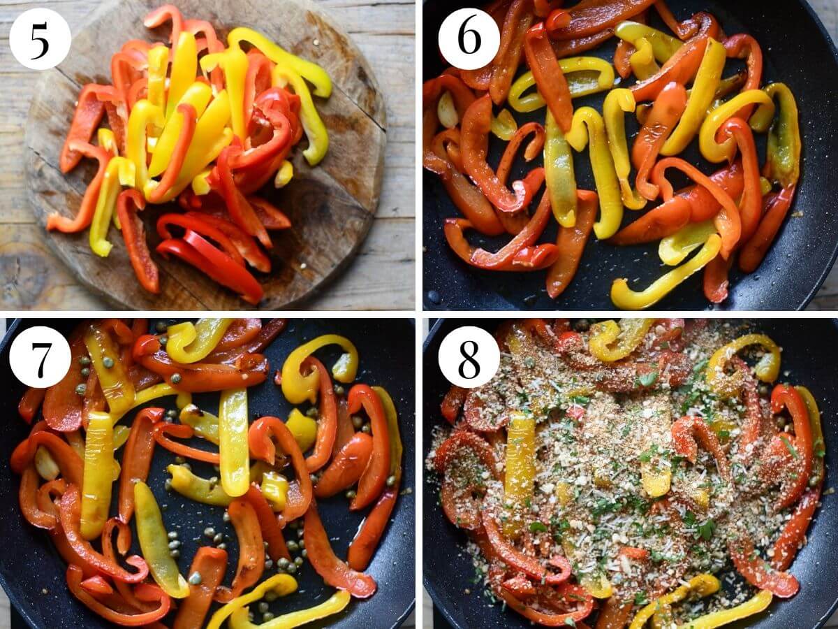 Four photos in a collage showing how to saute peppers.