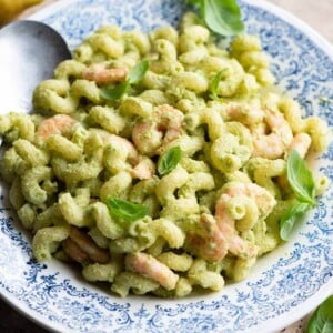 A close up of a zucchini shrimp pasta salad topped with basil.