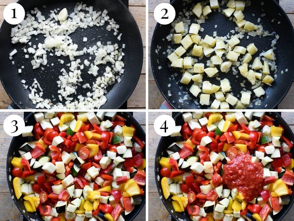 Four photos in a collage showing how to saute vegetables.