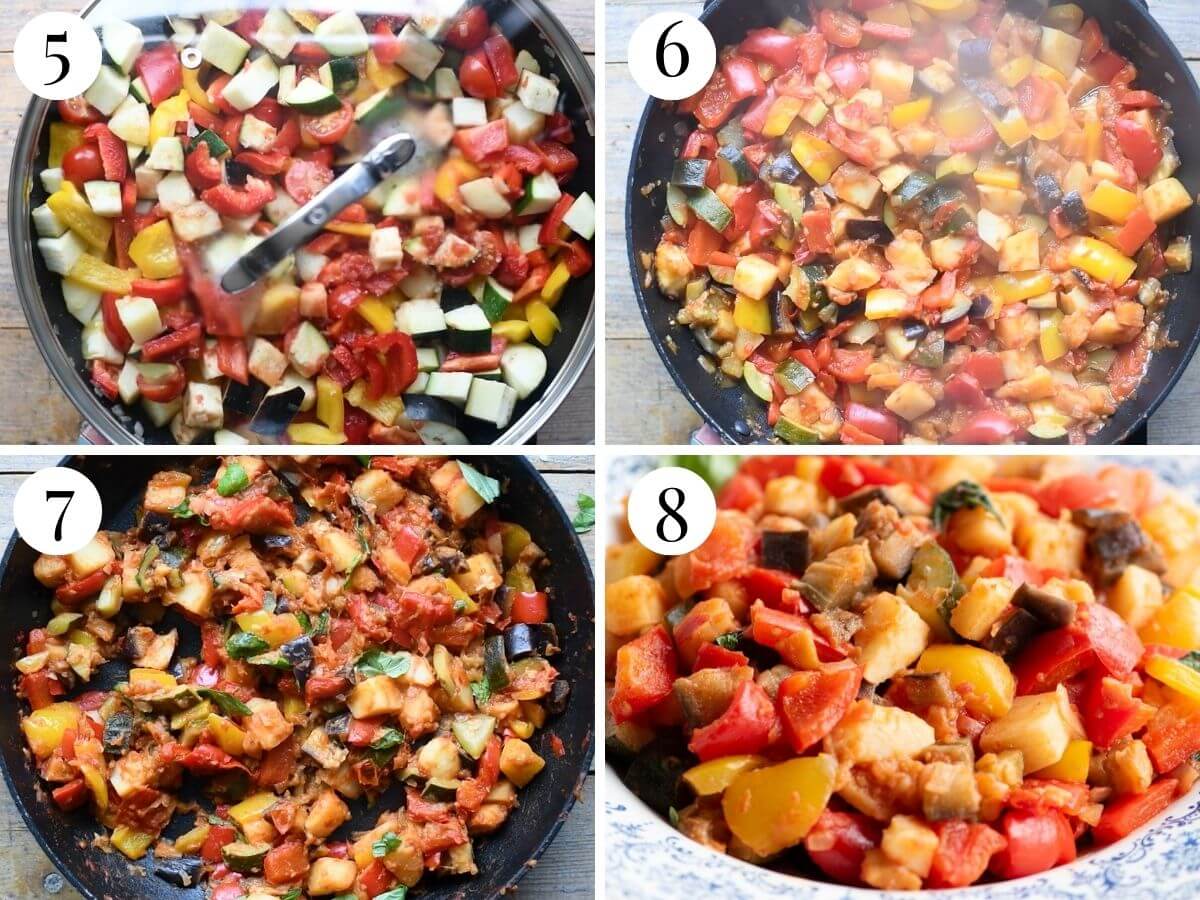 Four photos in a collage showing how to make Ciambotta with stewed vegetables.