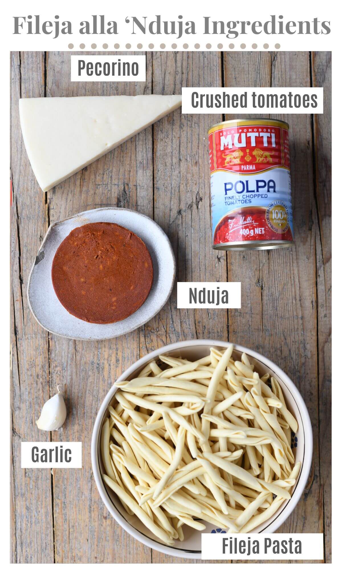 An overhead shot of all the ingredients needed to make a spicy Nduja pasta sauce.